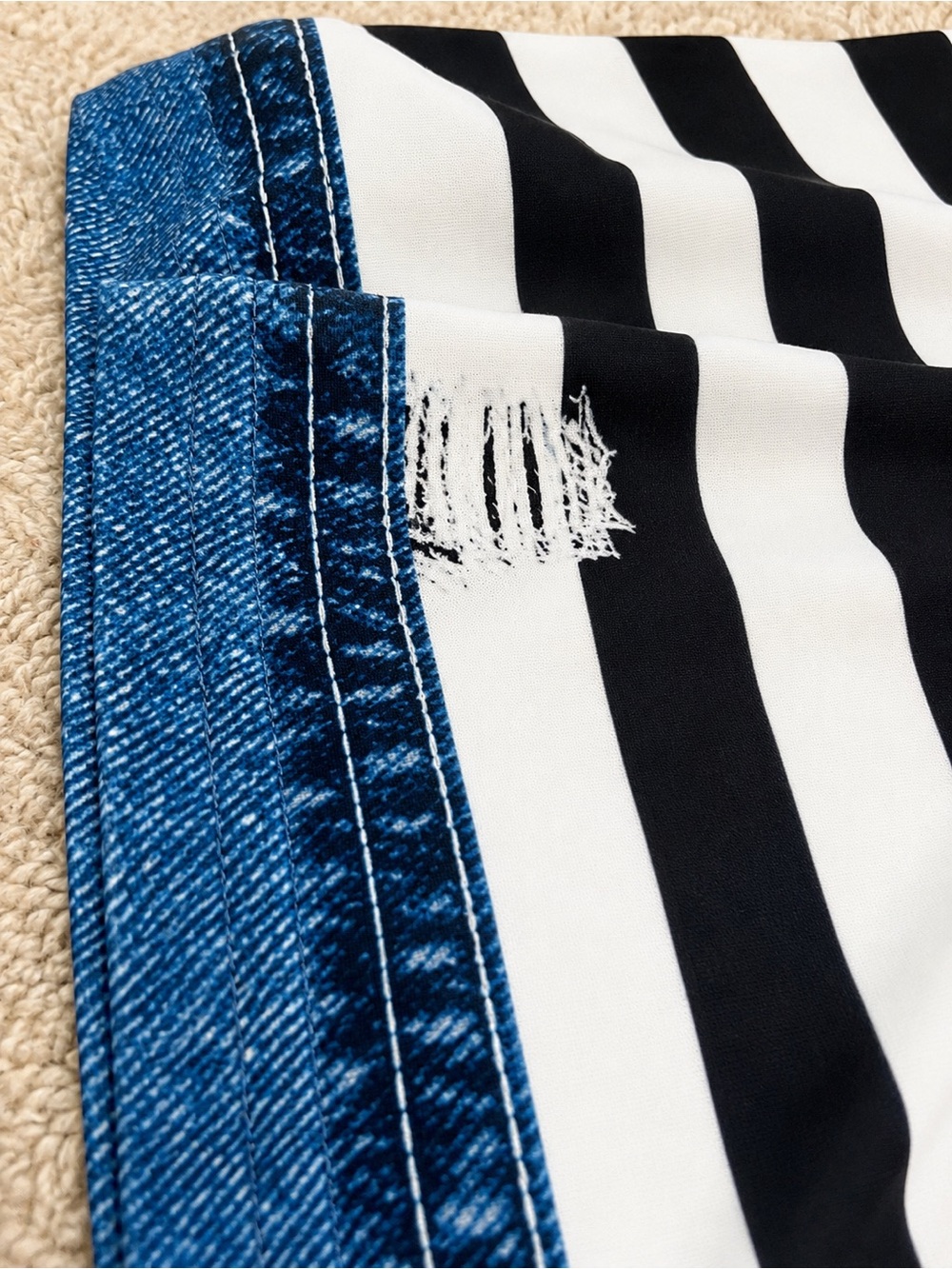 Striped Black & White Tee with faux Denim Trim and faux distress 2x - Picture 5 of 5